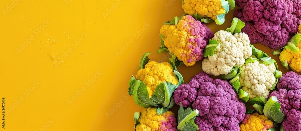 Poster Top view of colorful cauliflower in macro texture against a yellow background for an agricultural harvest theme with simulation for use as a copy space image.