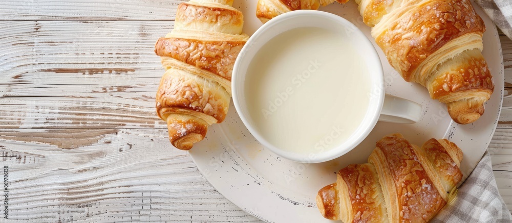 Aufkleber a cup of milk and crescent rolls displayed on a white wooden table, with a clear view from above, id