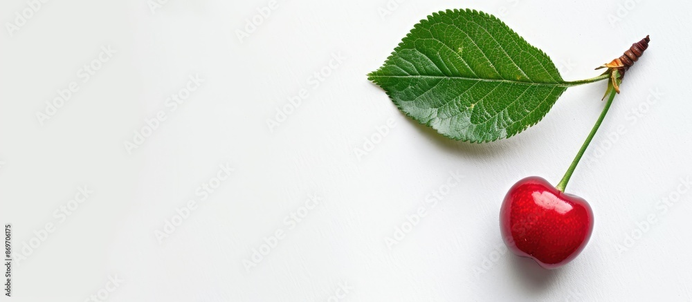 Aufkleber top view of a cherry with a green leaf against a white backdrop, with copy space image.