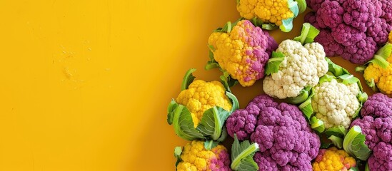 Top view of colorful cauliflower in macro texture against a yellow background for an agricultural harvest theme with simulation for use as a copy space image.