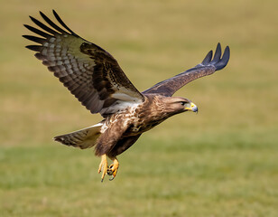 Fototapeta premium A majestic hawk soars with outstretched wings over a grassy field, perfect for nature, wildlife, or freedom-themed projects.