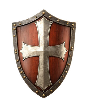 A classic wooden shield with a metal cross and rim, evoking medieval battles and chivalry. Perfect for historical, fantasy, or game-related projects.