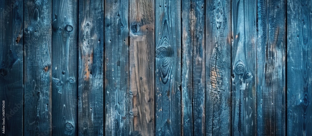 Aufkleber A weathered wooden wall in blue grunge style featuring a rough texture with a visible knot, suitable for a background with ample copy space image.