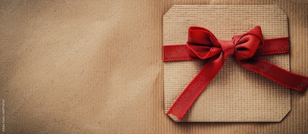 Aufkleber greeting card with handmade ribbon, bow, and blank tag on kraft paper background for a copy space im