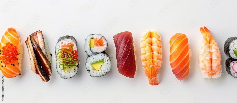 Poster sushi set featuring sashimi and sushi rolls with copy space image on a white backdrop.