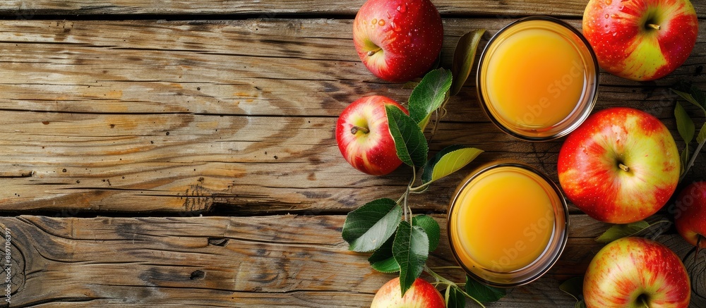 Poster Apples and apple juice displayed on a wooden surface with room for additional images.