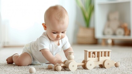Fototapeta premium A baby in a white onesie plays with a wooden train on a carpeted floor. The baby is focused on the toy and has a curious expression on their face