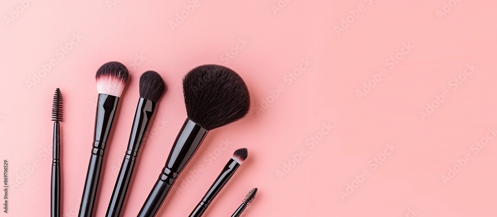 Aufkleber makeup brushes in a flat lay composition on a pink background with a top view and copy space image. 