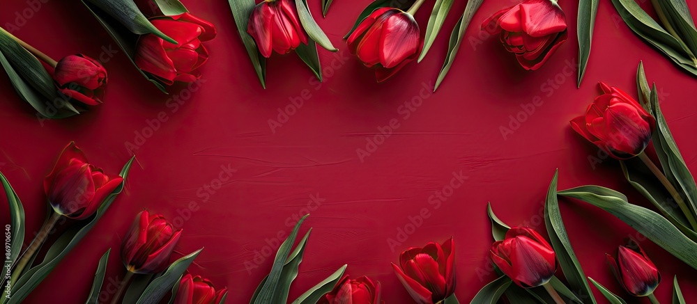 Poster red tulip floral frame on a vivid red backdrop with copy space image.