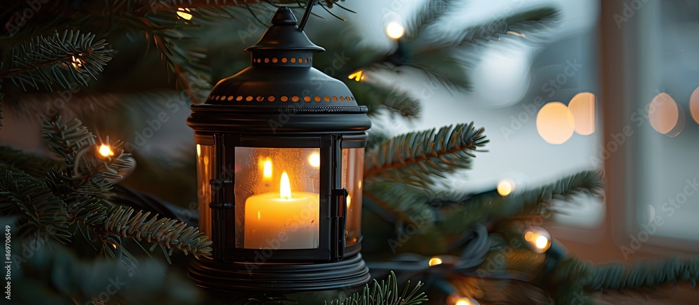 Aufkleber close-up image of a christmas lantern with a lit candle placed on an indoor fir tree, providing copy