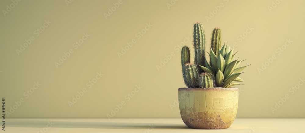 Poster a decorative flower pot with beautiful cacti is seen on one side, set against an isolated backdrop i