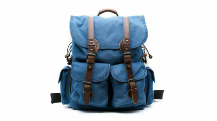 Naklejka premium Stylish blue backpack, perfect for travel, isolated on white background.