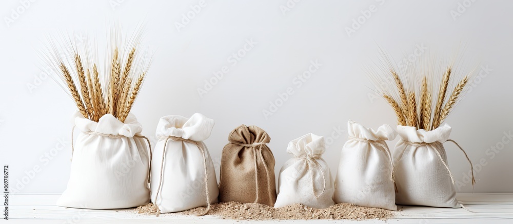 Poster white background with copy space image featuring bags filled with wheat flour.