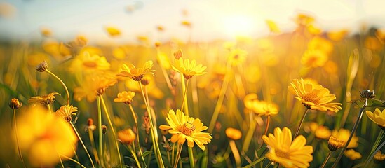 Fototapeta premium Field with vibrant yellow flowers blooming, vividly captured in a copy space image.