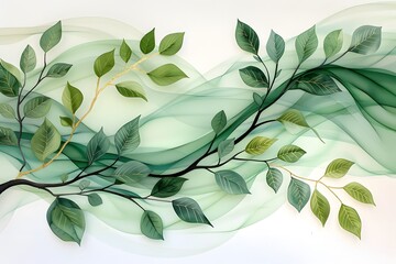 Elegant abstract art of green leaves on translucent waves, creating a fresh and serene atmosphere