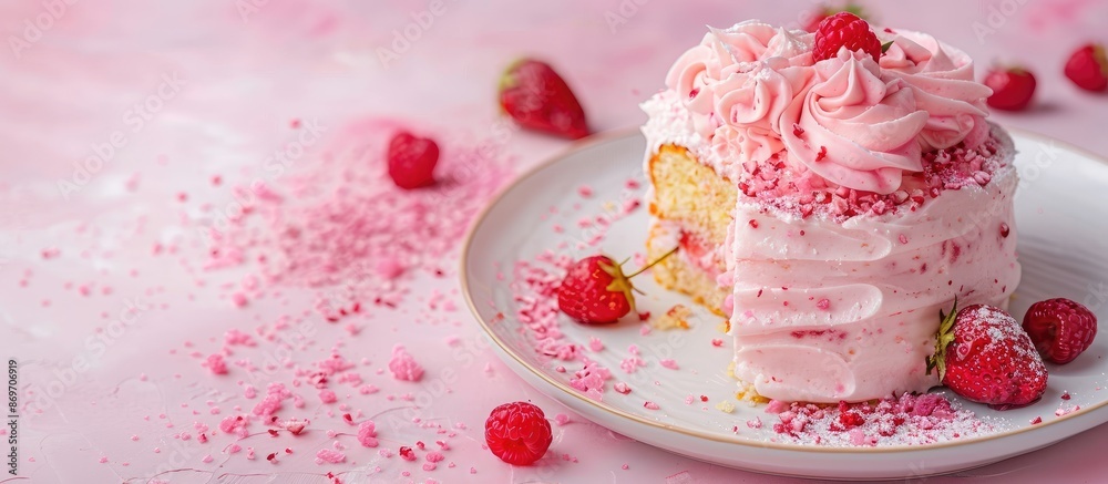 Aufkleber Strawberry Swiss roll cake displayed on a white plate with a pink hue, against a background suitable for adding text or other elements, with copy space image.