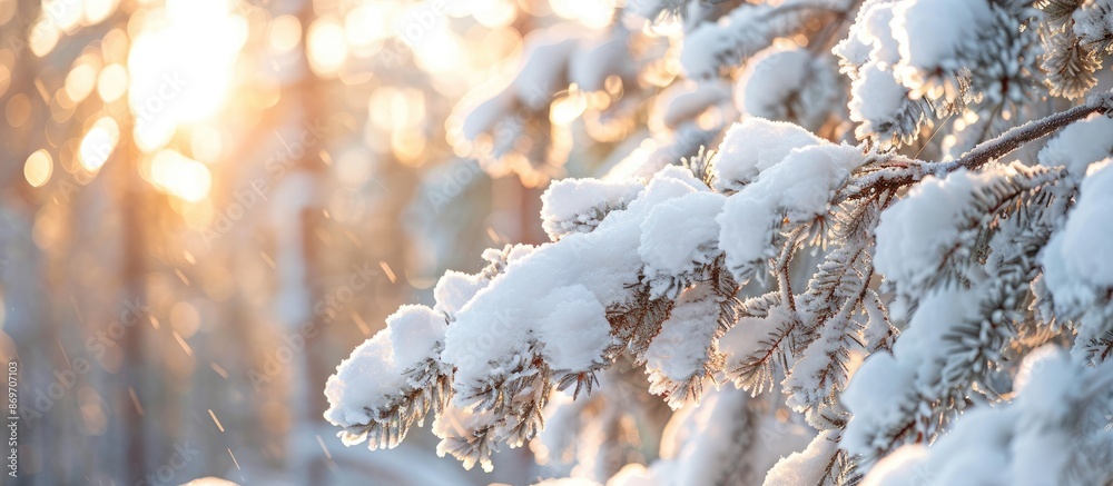 Poster close-up image showcasing beautiful snow-covered spruce branches on a sunny day in a winter forest l