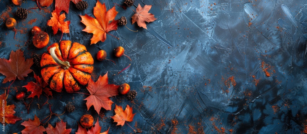 Aufkleber Vibrant fall maple leaves and a pumpkin placed on a dark backdrop with space for adding an image.