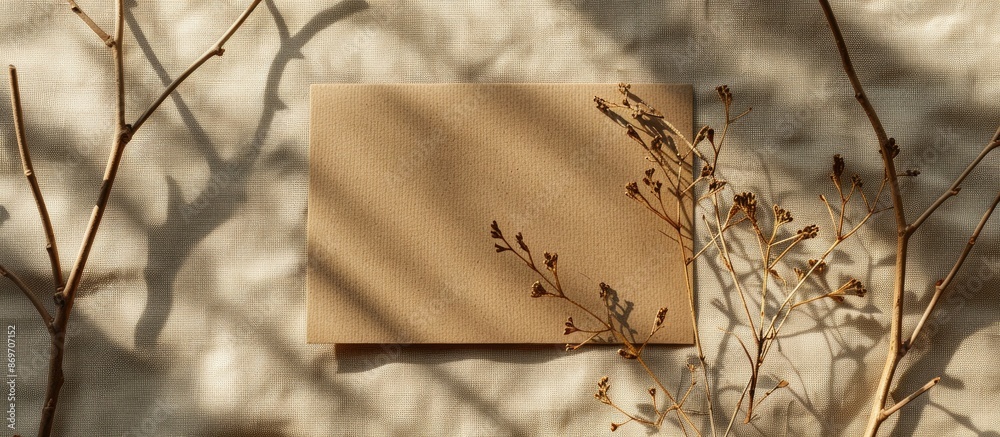 Poster Top view flat lay of a blank greeting card surrounded by dried twigs casting shadows on a beige linen texture background, creating a serene copy space image with neutral tones.