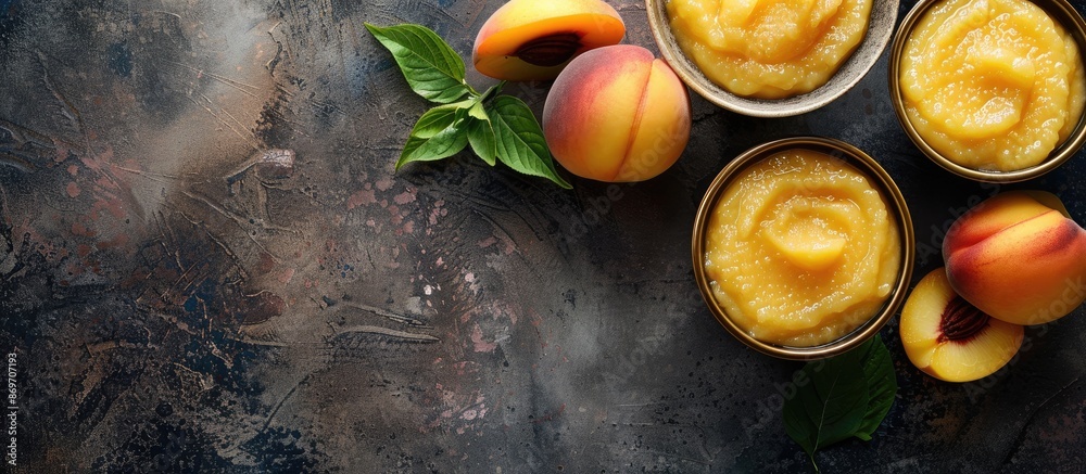 Poster close-up of vanilla pudding and peaches in bowls on a textured grunge background, with copy space im