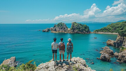 Three Friends Enjoying a Panoramic View of a Turquoise Sea and Rocky Island. Horizontal banner with copy space