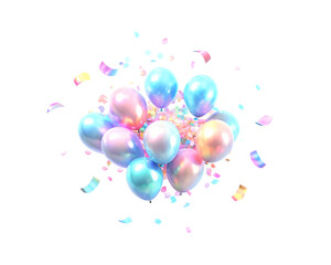 3d Holographic ballon confetti , beautiful rainbow overflow, cloud decor, isolated on a transparent background. Ideal for birthdays, cards, and invitations