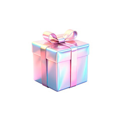 3d Holographic gift box, beautiful rainbow overflow, cloud decor, isolated on a transparent background. Ideal for birthdays, cards, and invitations