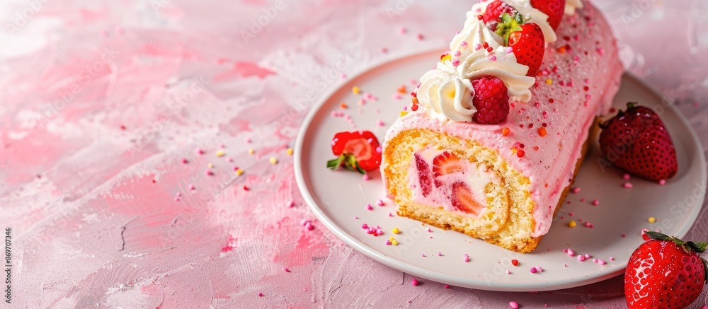 Poster Strawberry Swiss roll cake displayed on a white plate with a pink hue, against a background suitable for adding text or other elements, with copy space image.