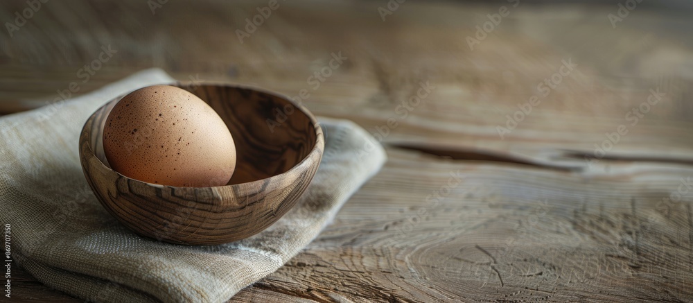 Poster wooden bowl with a chicken egg on a table with ample space for a copy space image.