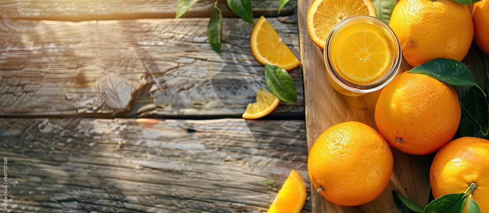 Poster Close-up of delicious fresh oranges and juice on a wooden table with copy space image available.