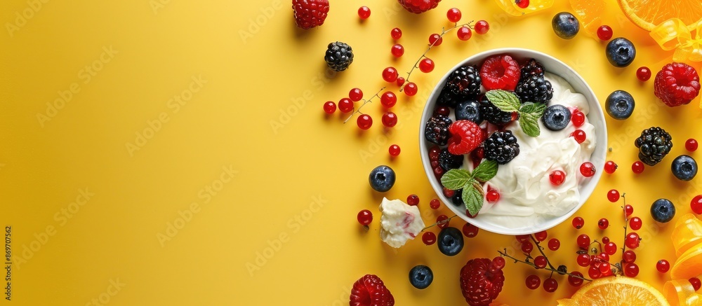 Poster russian food called syrniki portrayed with berries and sour cream on a yellow background, creating a