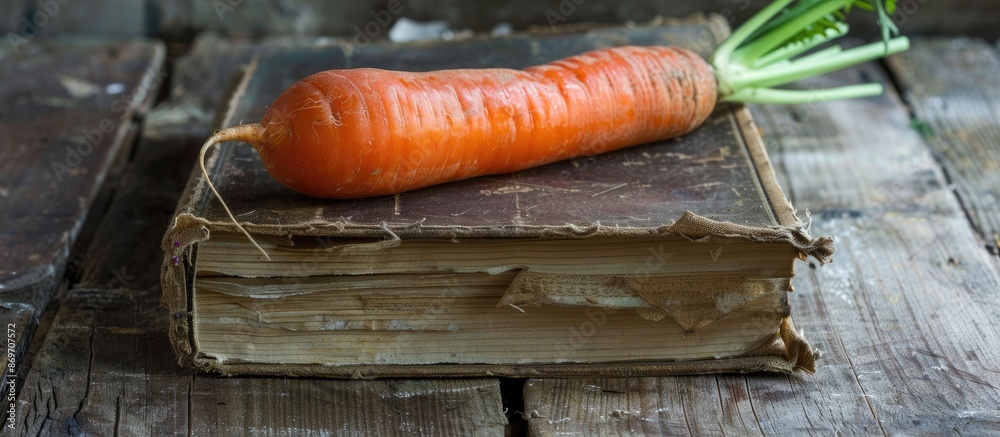 Poster Cookbook with a carrot displayed on a rustic wooden surface, creating an appealing copy space image.