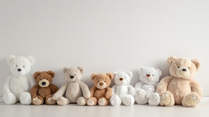 A row of eight teddy bears sit on a wooden table in front of a white wall