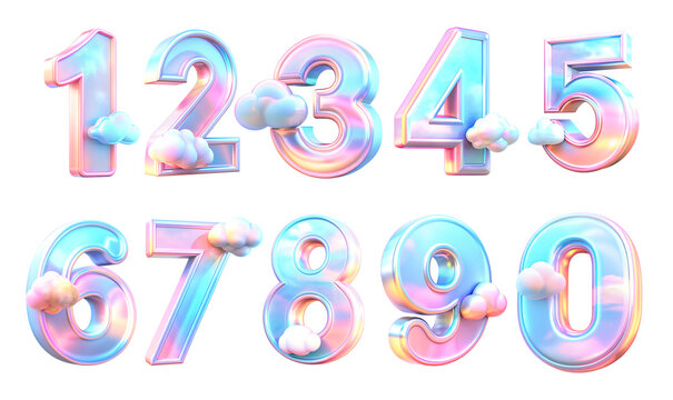 Holographic numbers 0-9, age, beautiful rainbow overflow, cloud decor, isolated on a transparent background. Ideal for birthdays, cards, and invitations