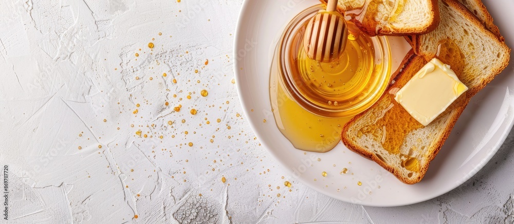 Poster Delicious honey and butter on toast on a light background with copy space image.