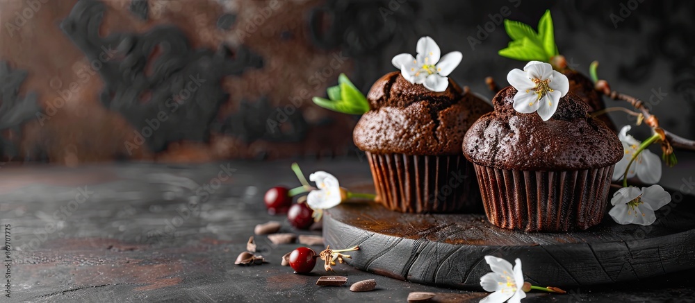 Poster side view of delectable homemade chocolate muffins decorated with bird cherry flowers on a dark back