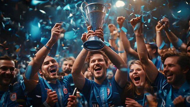 soccer players raising a cup in the air, confettis flying, only hands and cup, blue themed,generative ai