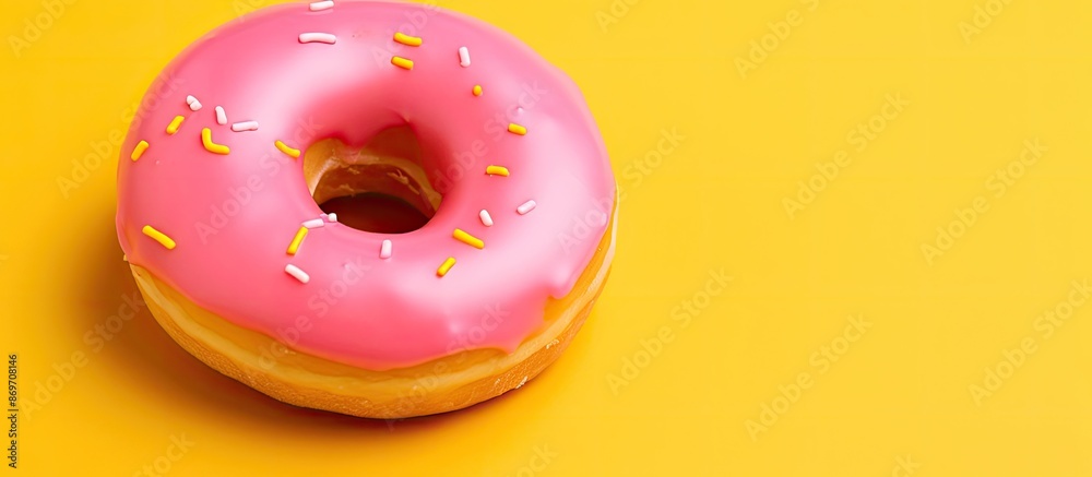 Poster close-up of a pink doughnut on a vibrant yellow backdrop with ample copy space image.