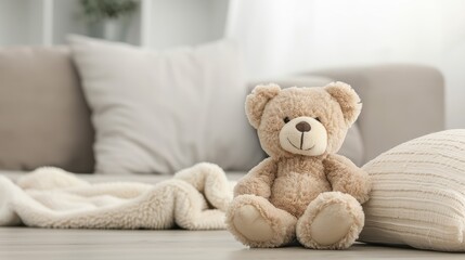 A plush, brown teddy bear sits on a white couch in a modern living room. The couch is covered in white cushions and a white blanket is nearby