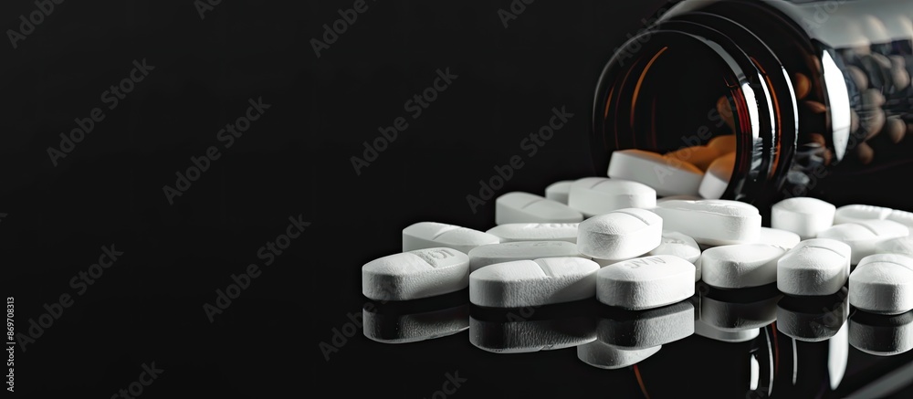 Poster White oval pills displayed with a dark glass bottle on a black mirror background, creating a striking composition with copy space image.