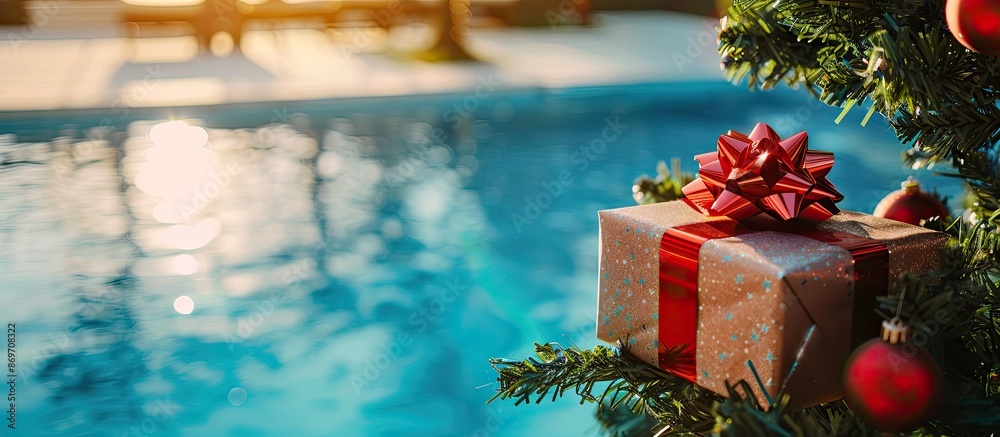 Poster A gift box placed on a Christmas tree near a pool, with an empty space in the image for personalized text or designs.