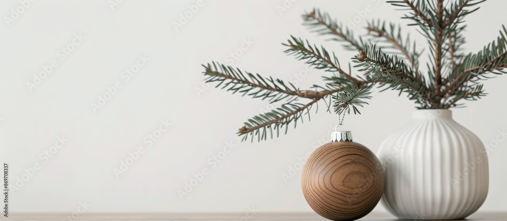 Aufkleber close-up of a stylish christmas ornament on a fir branch in a modern vase set against a white backgr