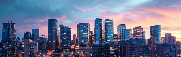 Naklejka premium Glowing Cityscape: Real Estate Website Background