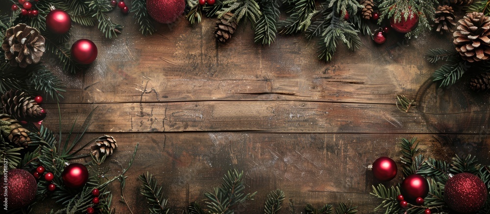 Poster old wooden background adorned with evergreen fir twigs, glossy red baubles, and pine cones, creating