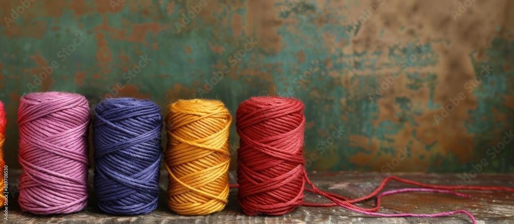 Poster six cotton cord skeins for knitting set against a beautiful background, perfect for needlework proje