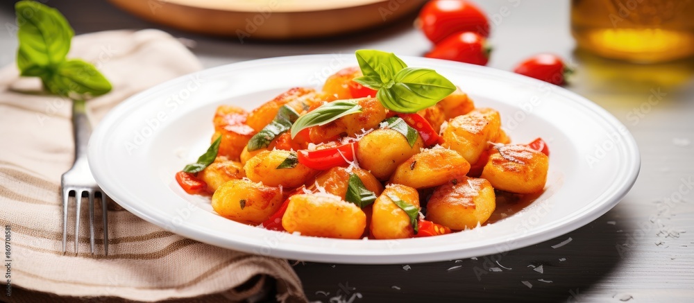 Poster Homemade potato gnocchi with tomato sauce, basil, parmesan, olive oil, and peppers presented on a plate on a white wooden table, creating an inviting copy space image.