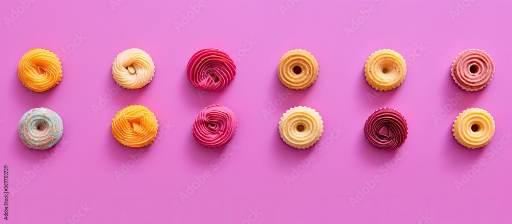 Poster Colorful macaroni cookies arranged on a pink background with empty space for text or images.