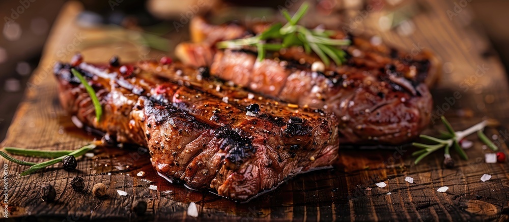 Poster grilled meat on a restaurant menu with a medium-sized steak is featured in this mouthwatering dinner