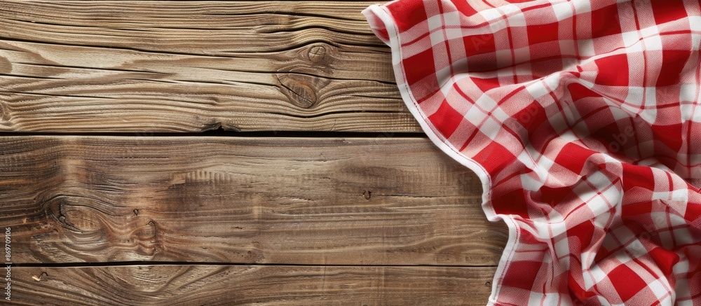 Aufkleber Checkered red and white tablecloth displayed on wooden background with copy space image.