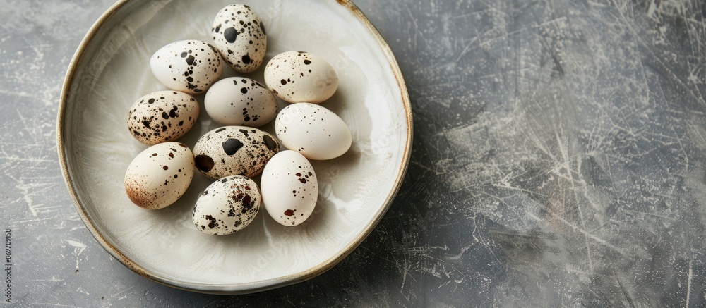 Poster white porcelain plates presented with a display of quail eggs, ideal for showcasing with a copy spac